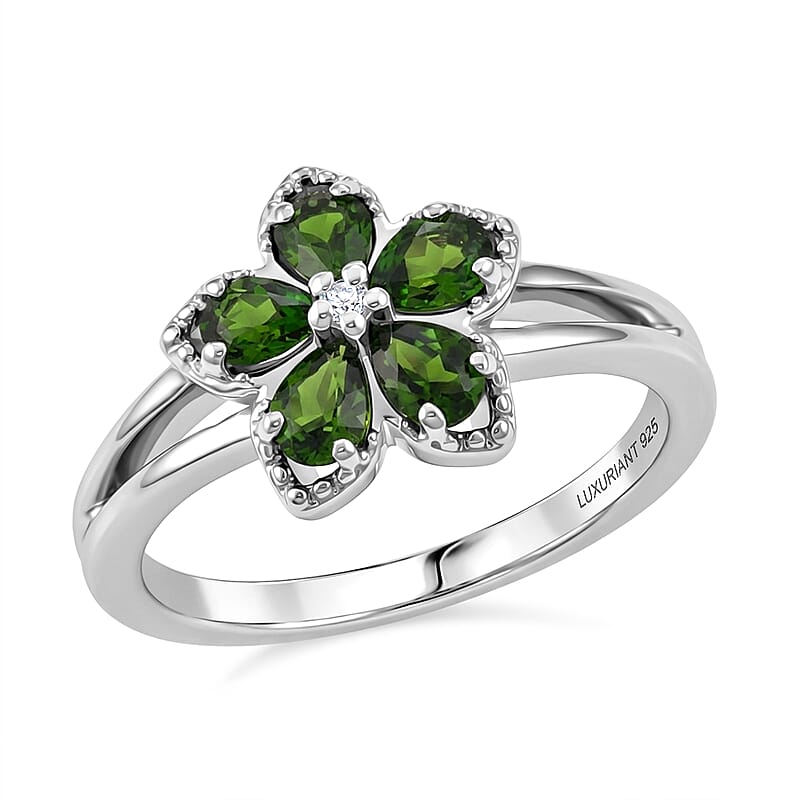 Chrome Diopside and Luxuriant Lab Grown Diamond G-H SI 0.90 ctw Five Petal Bloom Ring in Rhodium Over Sterling Silver (Size 10.0)