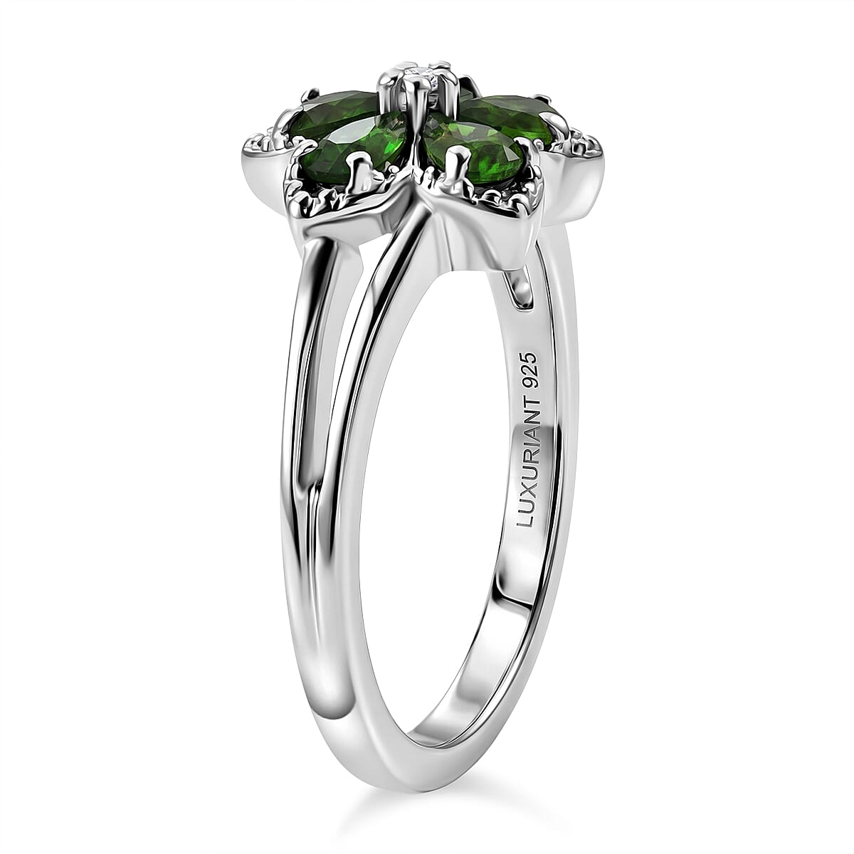 Chrome Diopside and Luxuriant Lab Grown Diamond G-H SI 0.90 ctw Five Petal Bloom Ring in Rhodium Over Sterling Silver (Size 10.0)