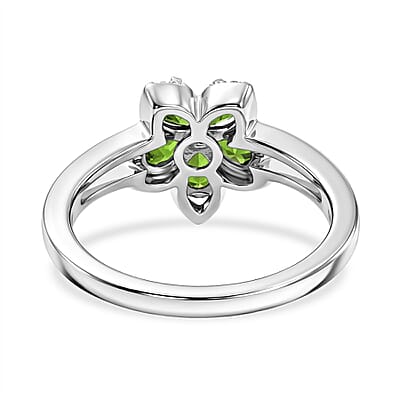 Chrome Diopside and Luxuriant Lab Grown Diamond G-H SI 0.90 ctw Five Petal Bloom Ring in Rhodium Over Sterling Silver (Size 10.0)