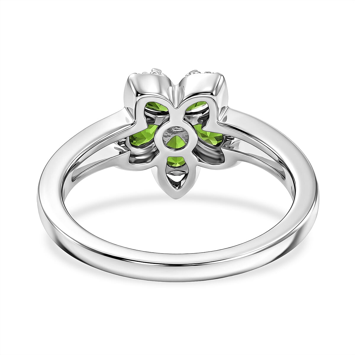 Chrome Diopside and Luxuriant Lab Grown Diamond G-H SI 0.90 ctw Five Petal Bloom Ring in Rhodium Over Sterling Silver (Size 5.0) image number 4