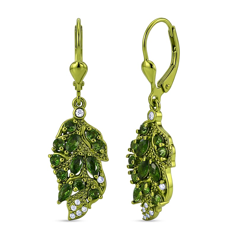 D'Joy Chrome Diopside and Moissanite 1.40 ctw Leaf Drop Earrings in Green E-coat Sterling Silver