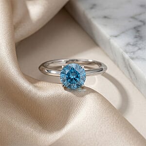 Luxuriant Lab Grown Blue Diamond (IR) 1.50 ctw Classic Solitaire Ring in Rhodium Over Sterling Silver (Size 8.0)