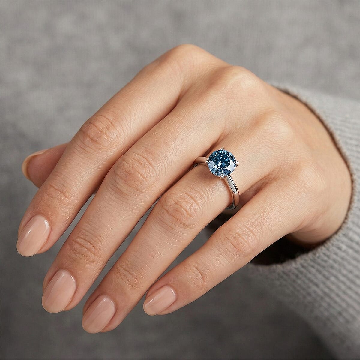 Luxuriant Lab Grown Blue Diamond (IR) 1.50 ctw Classic Solitaire Ring in Rhodium Over Sterling Silver (Size 9.0) image number 2