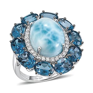D'Joy AAA Larimar and Multi Gemstone 21.00 ctw Ocean Light Halo Ring in Rhodium Over Sterling Silver (Size 10.0)