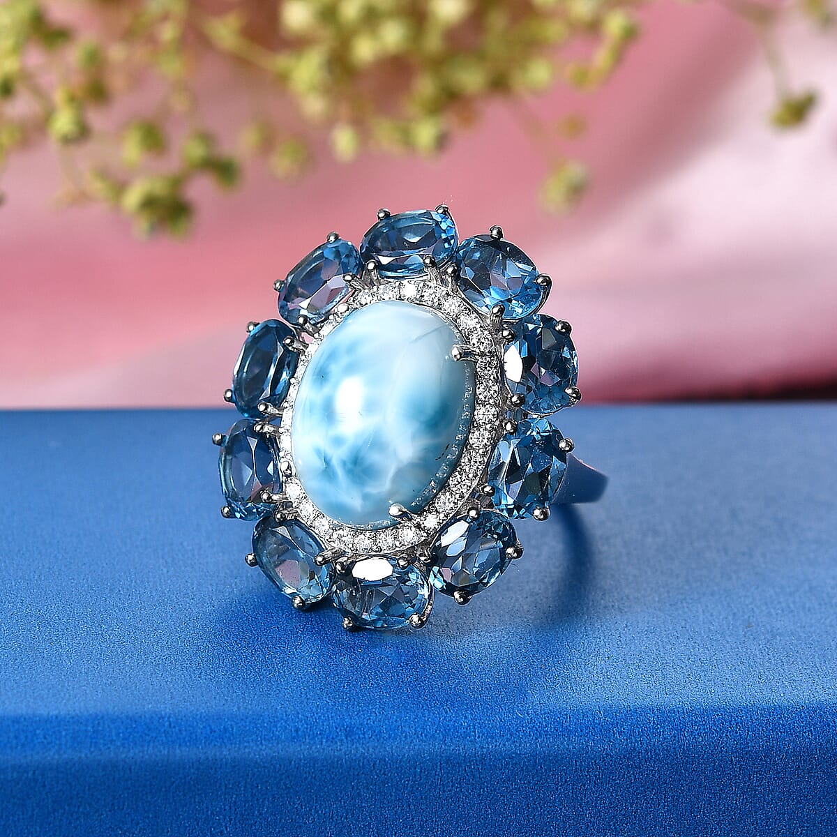 D'Joy AAA Larimar and Multi Gemstone 21.00 ctw Ocean Light Halo Ring in Rhodium Over Sterling Silver (Size 10.0) image number 1