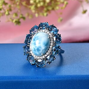 D'Joy AAA Larimar and Multi Gemstone 21.00 ctw Ocean Light Halo Ring in Rhodium Over Sterling Silver (Size 10.0)