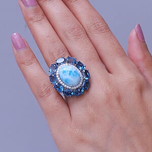 D'Joy AAA Larimar and Multi Gemstone 21.00 ctw Ocean Light Halo Ring in Rhodium Over Sterling Silver (Size 10.0)