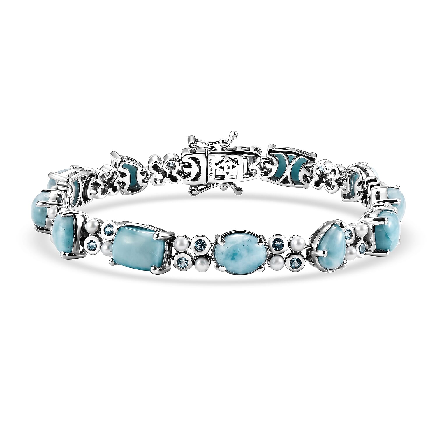 D'Joy AAA Larimar and Multi Gemstone 16.00 ctw Seafoam Link Bracelet in Rhodium Over Sterling Silver (6.50 In)