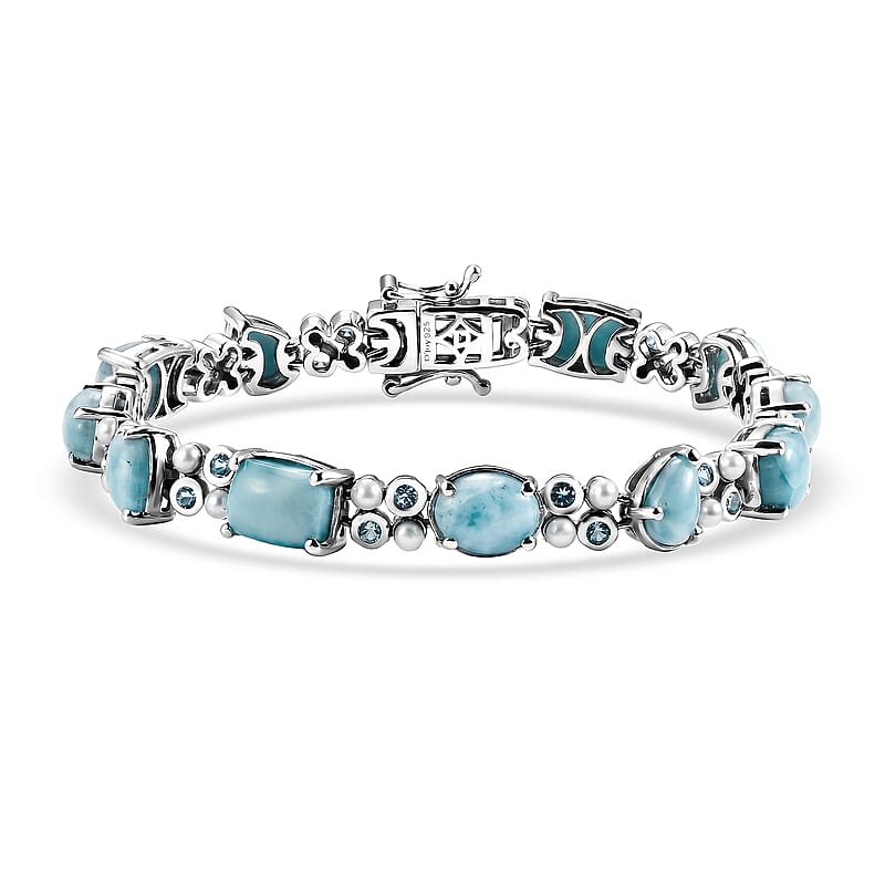 D'Joy AAA Larimar and Multi Gemstone 16.00 ctw Seafoam Link Bracelet in Rhodium Over Sterling Silver (6.50 In) (Ships. in 8-10 Days)