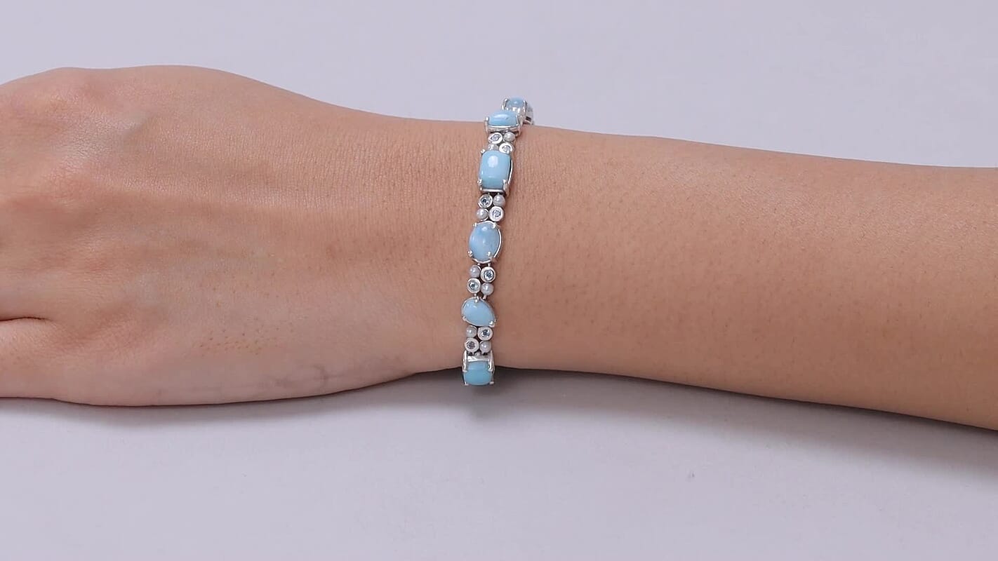 D'Joy AAA Larimar and Multi Gemstone 16.00 ctw Seafoam Link Bracelet in Rhodium Over Sterling Silver (6.50 In)