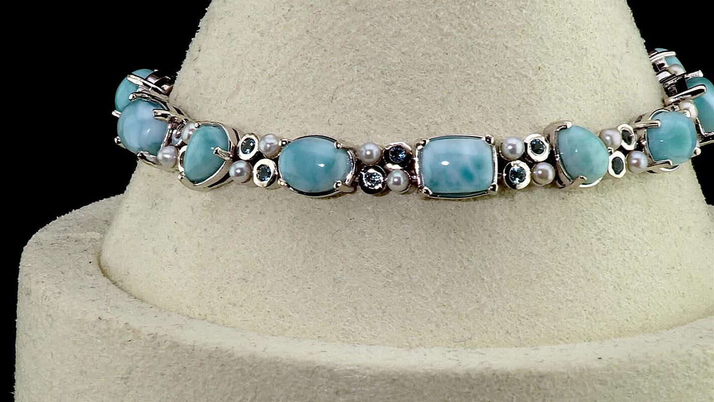 D'Joy AAA Larimar and Multi Gemstone 16.00 ctw Seafoam Link Bracelet in Rhodium Over Sterling Silver (6.50 In)