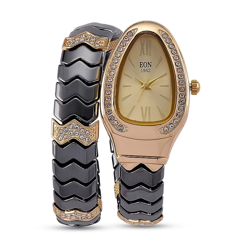 EON 1962 SL68 Quartz Movement Bangle Watch in Goldtone with Black Ceramic Strap