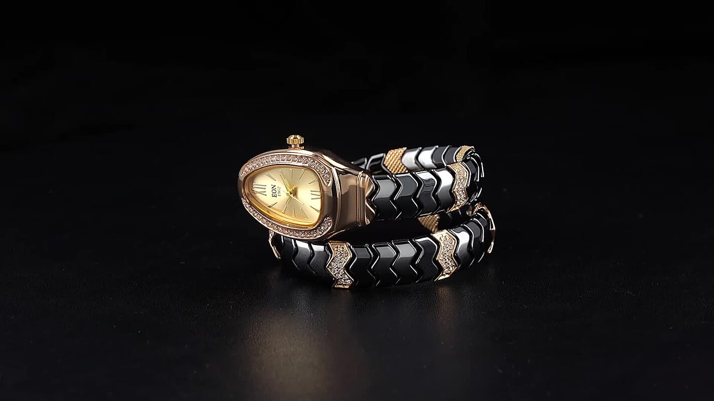 EON 1962 SL68 Quartz Movement Bangle Watch in Goldtone with Black Ceramic Strap