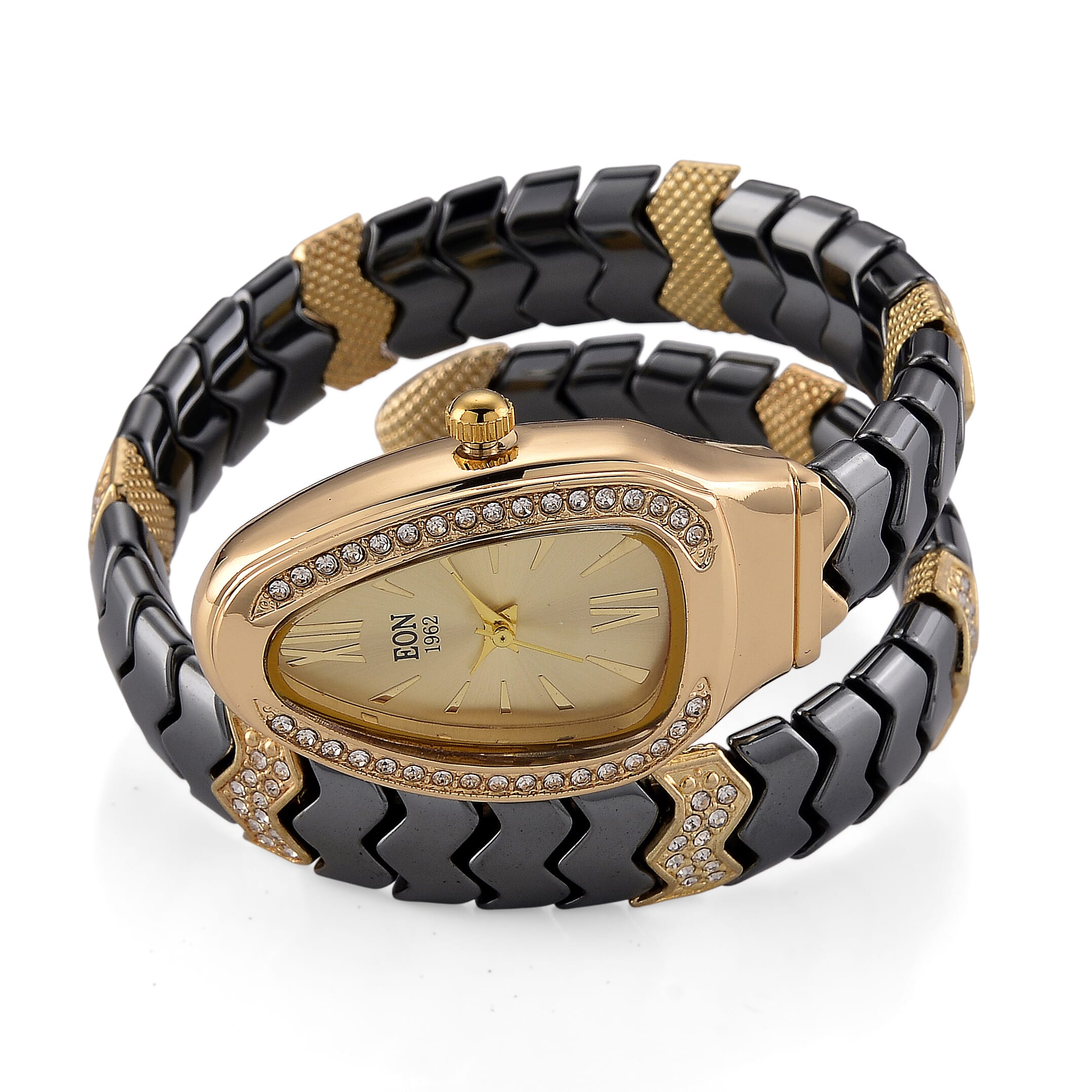 EON 1962 SL68 Quartz Movement Bangle Watch in Goldtone with Black Ceramic Strap