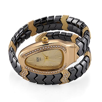 EON 1962 SL68 Quartz Movement Bangle Watch in Goldtone with Black Ceramic Strap