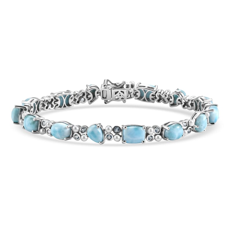 D'Joy AAA Larimar and Multi Gemstone 20.90 ctw Seafoam Link Bracelet in Rhodium Over Sterling Silver (8.00 In)