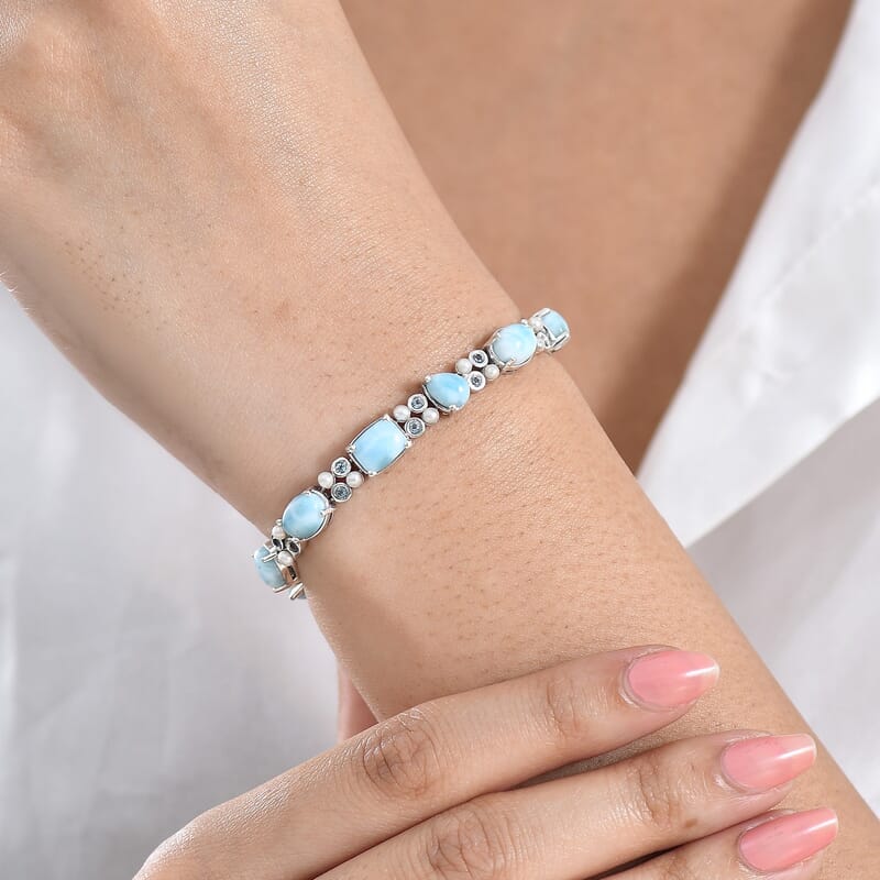 D'Joy AAA Larimar and Multi Gemstone 20.90 ctw Seafoam Link Bracelet in Rhodium Over Sterling Silver (8.00 In)