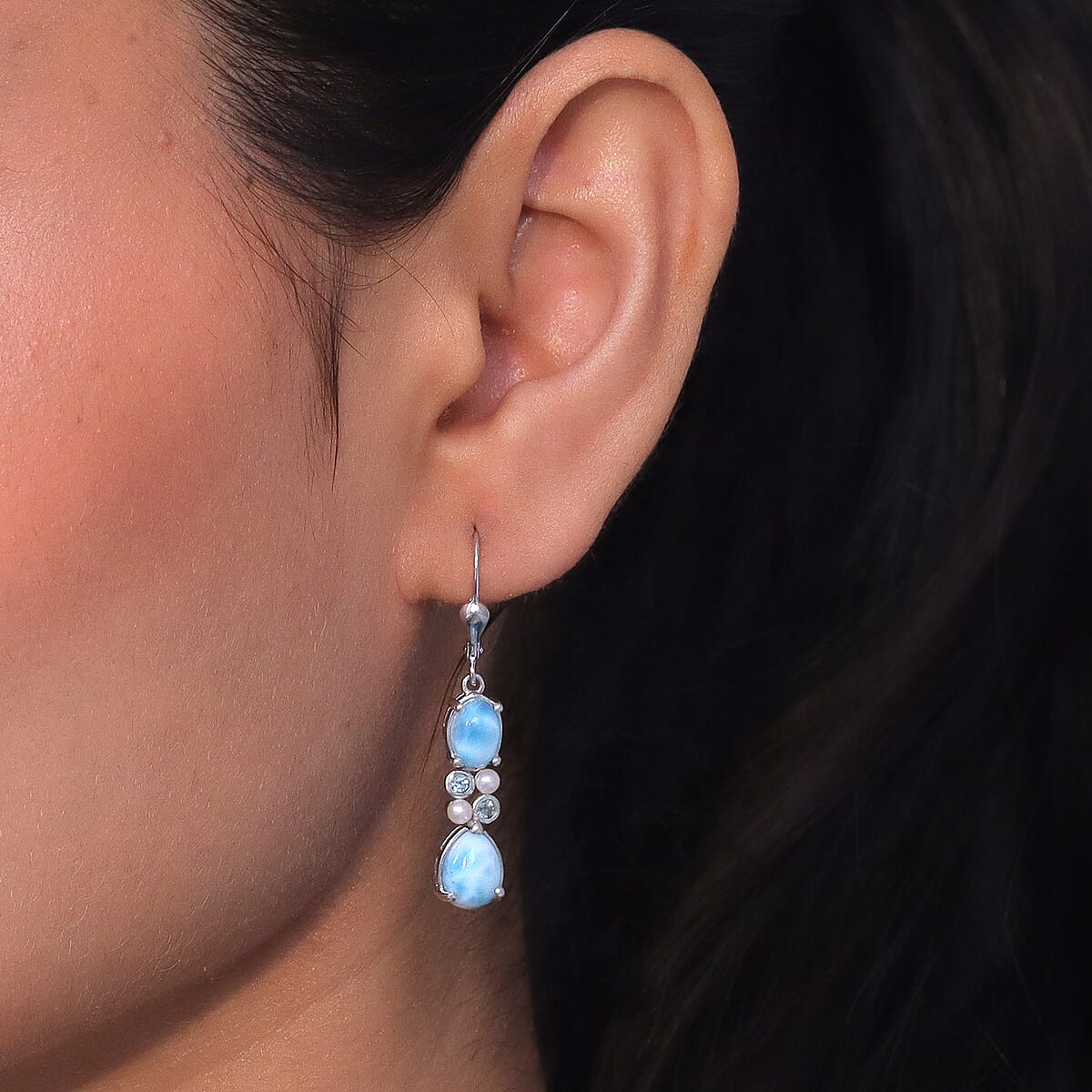 D'Joy Premium Larimar and Multi Gemstone 4.10 ctw Earrings in Rhodium Over Sterling Silver image number 2