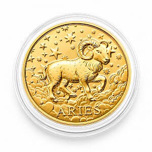 24K Gold Celestial Zodiac Collection - Aries Embossed Double View Coin Sheet 10mg (50mm)