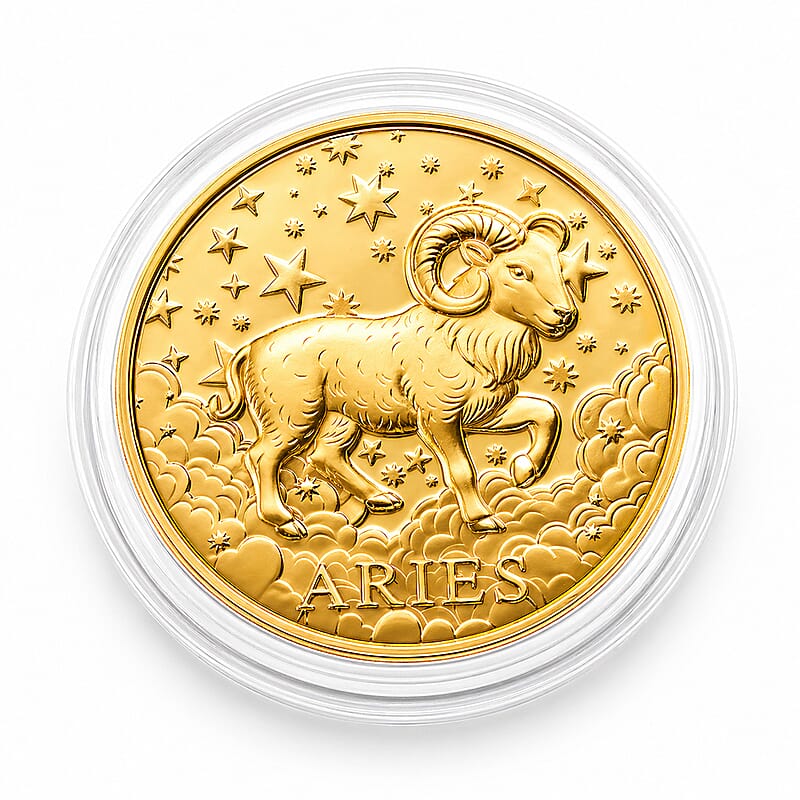 24K Gold Celestial Zodiac Collection - Aries Embossed Double View Coin Sheet 10mg (50mm)