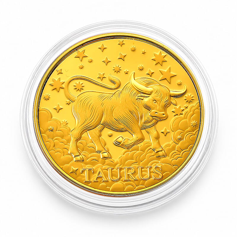 24K Gold Celestial Zodiac Collection - Taurus Embossed Double View Coin Sheet 10mg (50mm)
