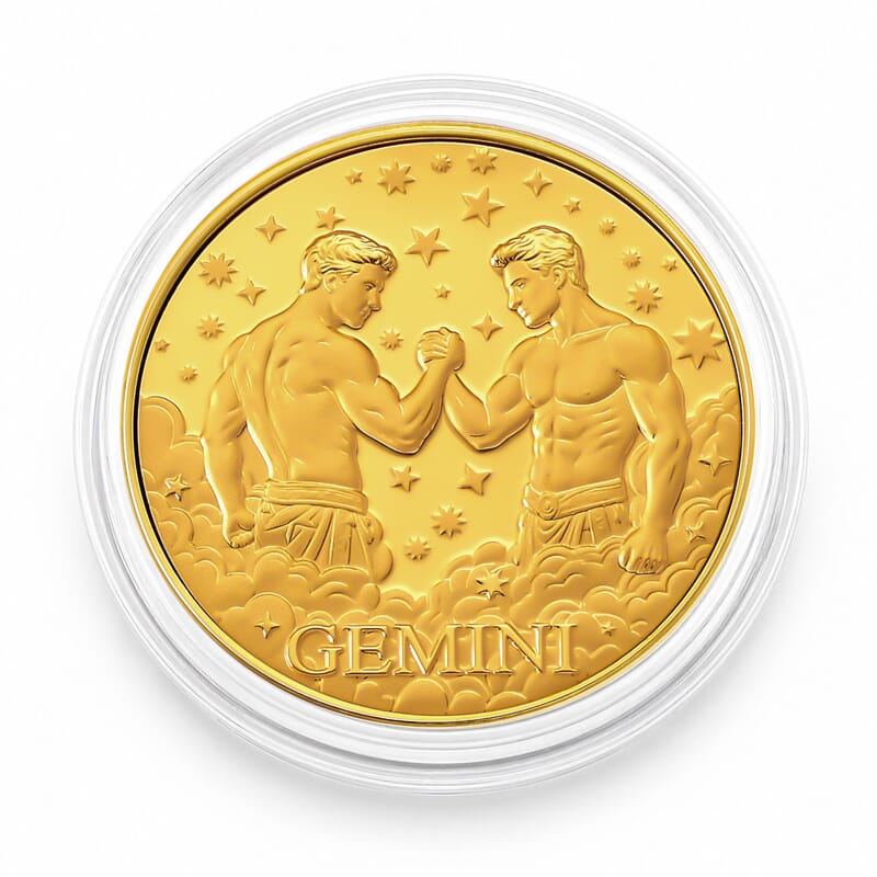 24K Gold Celestial Zodiac Collection - Gemini Embossed Double View Coin Sheet 10mg (50mm)