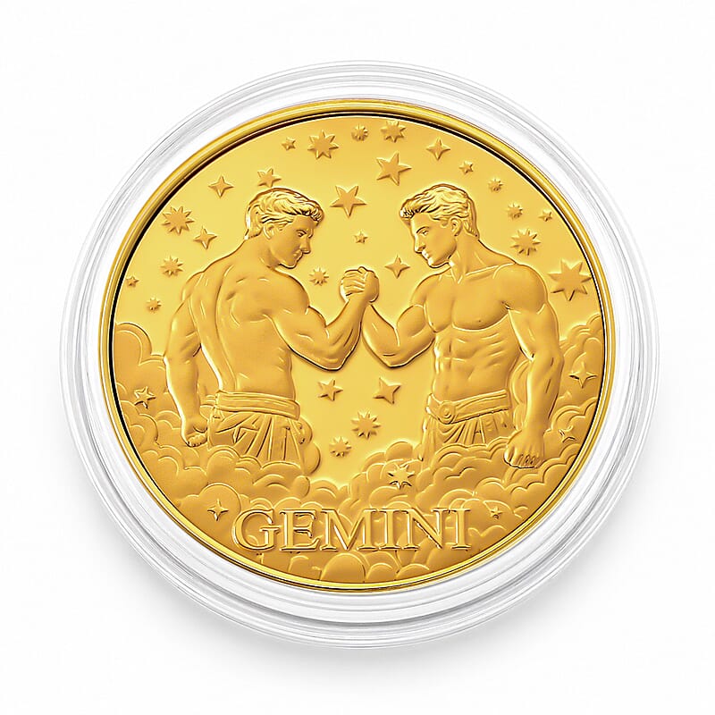 24K Gold Celestial Zodiac Collection - Gemini Embossed Double View Coin Sheet 10mg (50mm)