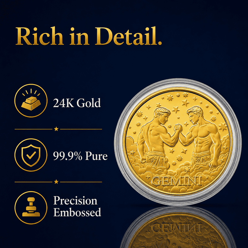 24K Gold Celestial Zodiac Collection - Gemini Embossed Double View Coin Sheet 10mg (50mm)