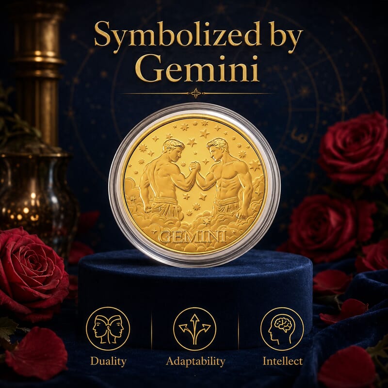 24K Gold Celestial Zodiac Collection - Gemini Embossed Double View Coin Sheet 10mg (50mm)