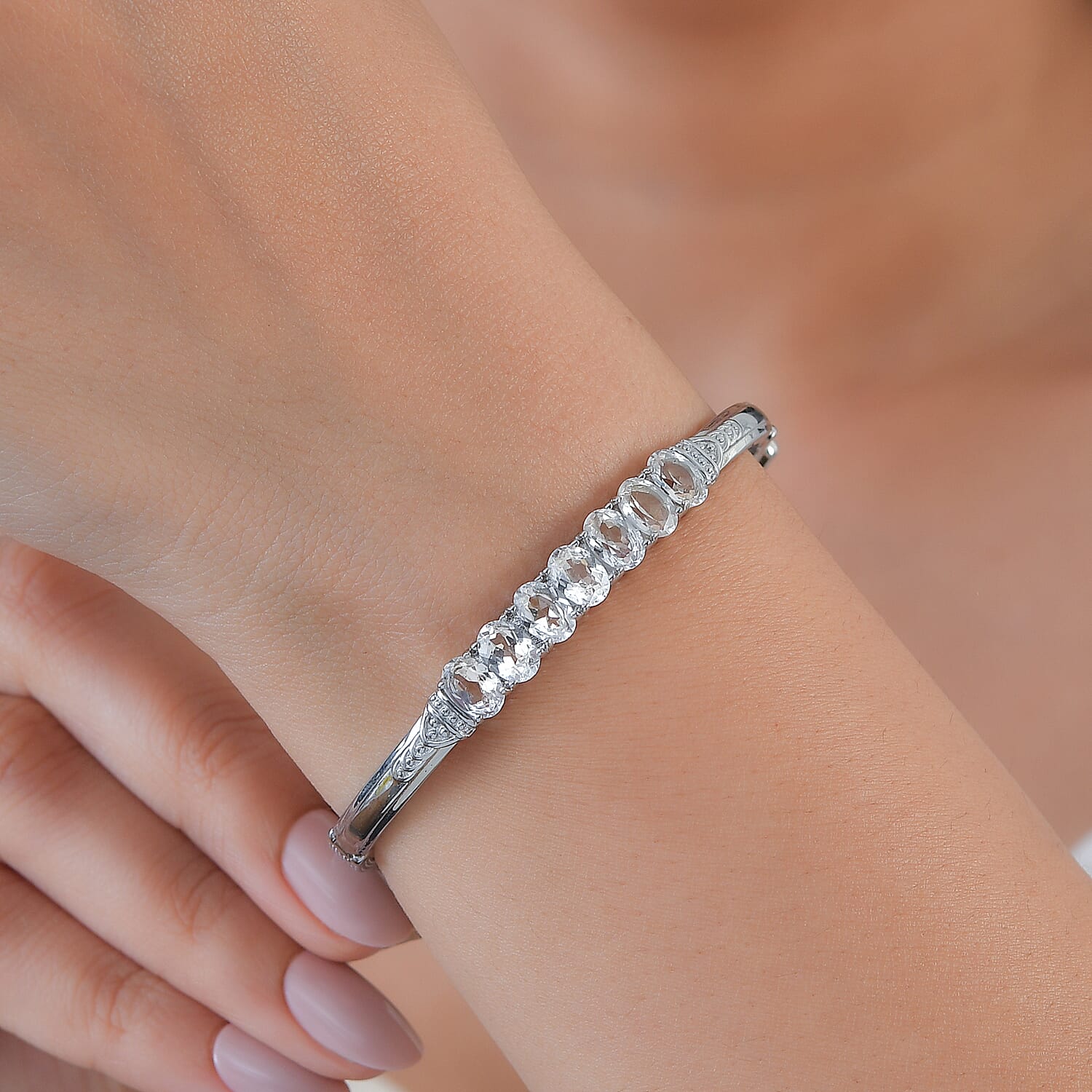 EverTrue Lab Created White Sapphire 7.20 ctw Bangle Bracelet in Stainless Steel (7.25 In)