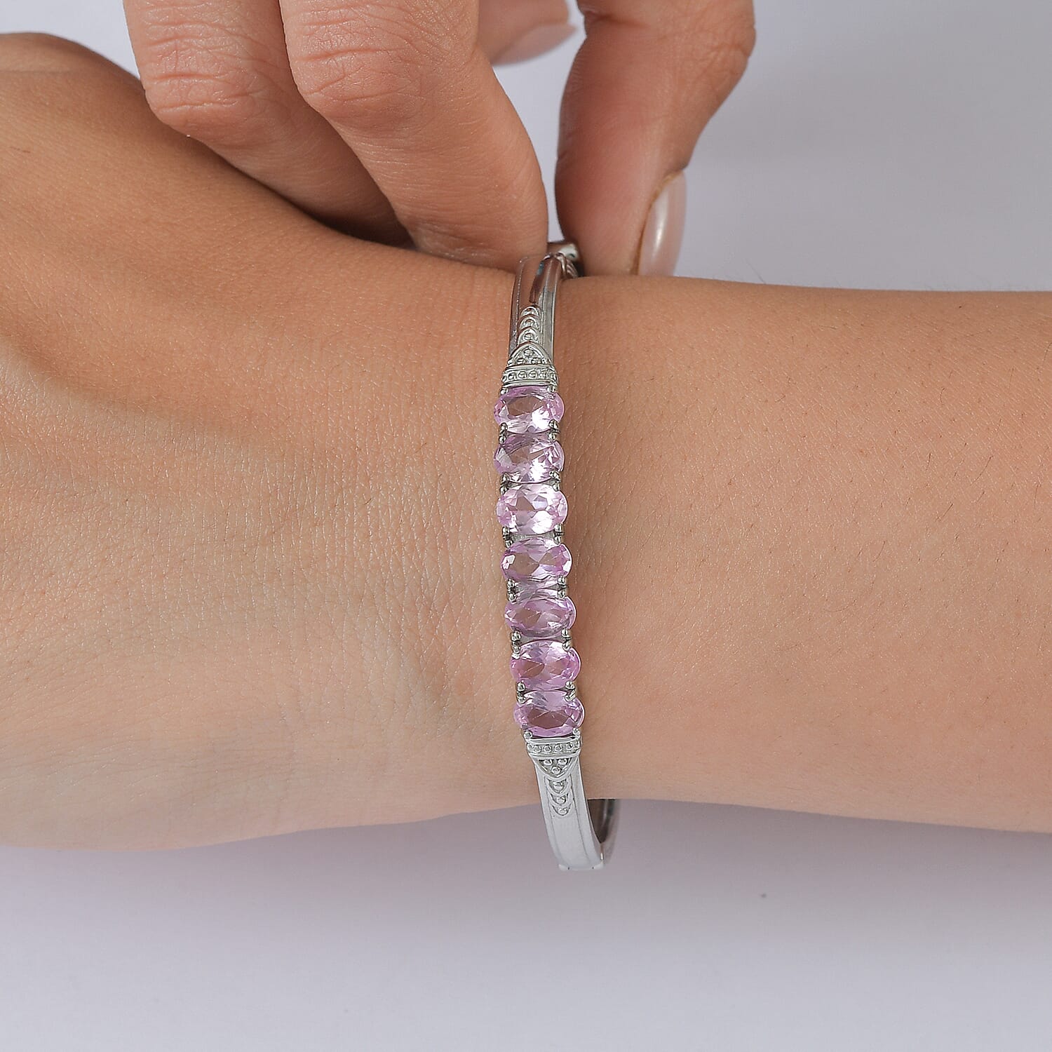 EverTrue Lab Created Pink Sapphire 6.35 ctw Bangle Bracelet in Stainless Steel (7.25 In)