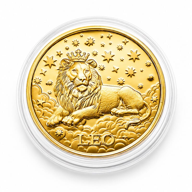 24K Gold Celestial Zodiac Collection - Leo Embossed Double View Coin Sheet 10mg (50mm)