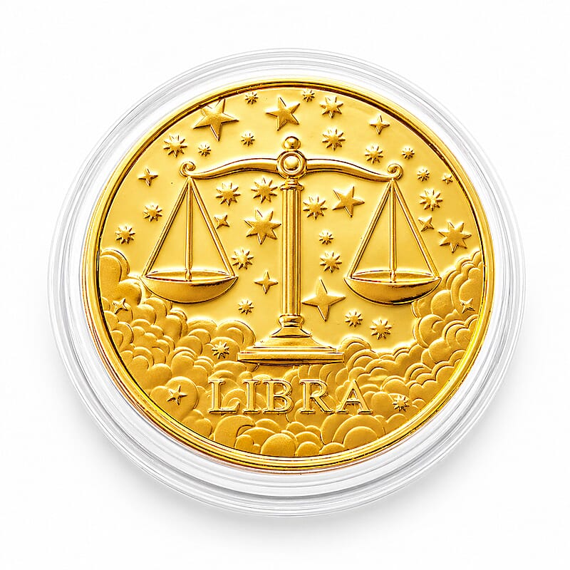 24K Gold Celestial Zodiac Collection - Libra Embossed Double View Coin Sheet 10mg (50mm)