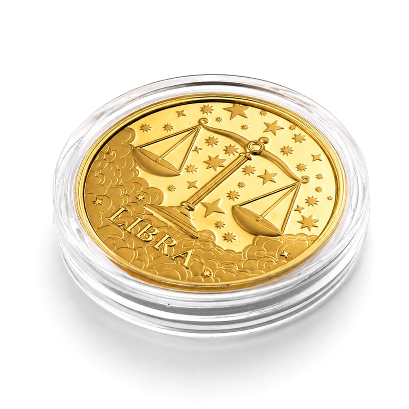 24K Gold Celestial Zodiac Collection - Libra Embossed Double View Coin Sheet 10mg (50mm)
