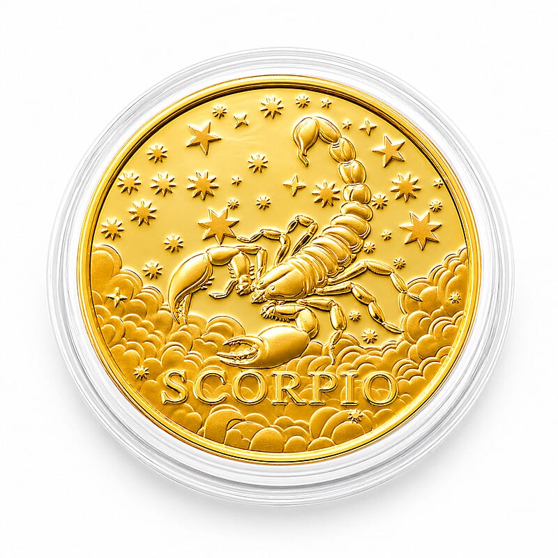 24K Gold Celestial Zodiac Collection - Scorpio Embossed Double View Coin Sheet 10mg (50mm)