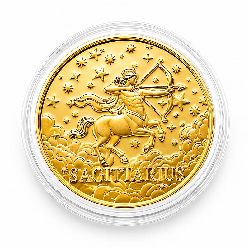 24K Gold Celestial Zodiac Collection - Sagittarius Embossed Double View Coin Sheet 10mg (50mm)