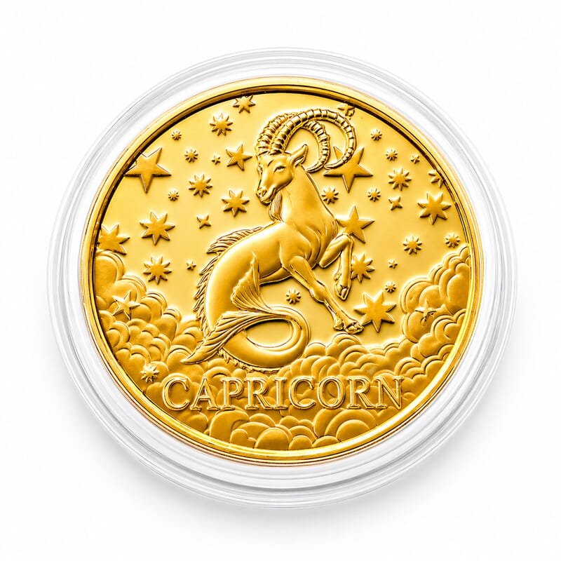 24K Gold Celestial Zodiac Collection - Capricorn Embossed Double View Coin Sheet 10mg (50mm)