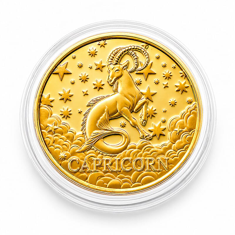 24K Gold Celestial Zodiac Collection - Capricorn Embossed Double View Coin Sheet 10mg (50mm)