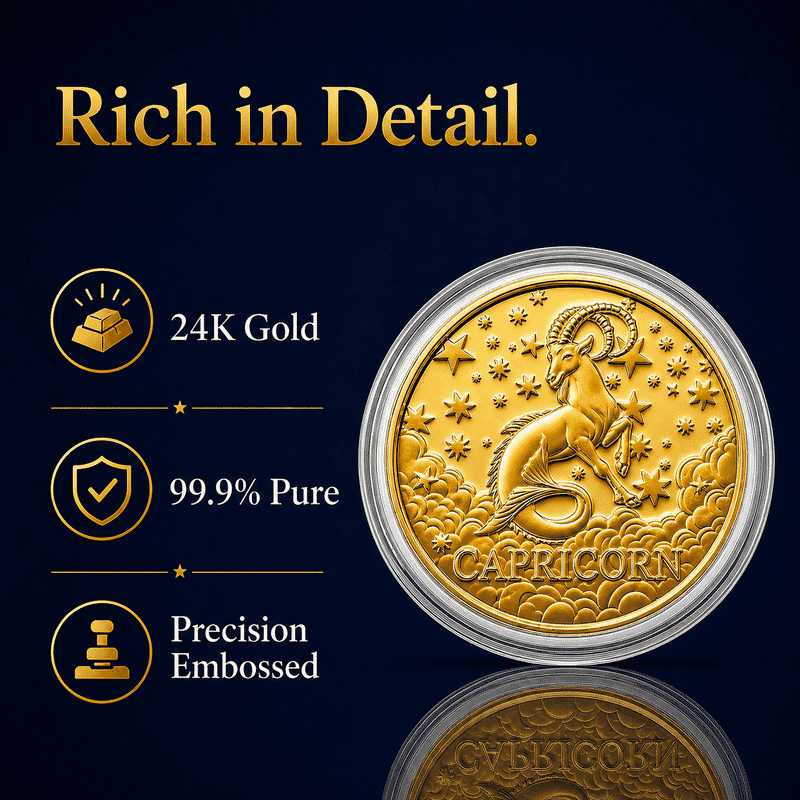 24K Gold Celestial Zodiac Collection - Capricorn Embossed Double View Coin Sheet 10mg (50mm)