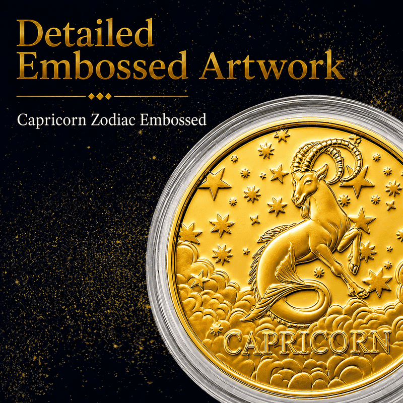 24K Gold Celestial Zodiac Collection - Capricorn Embossed Double View Coin Sheet 10mg (50mm)