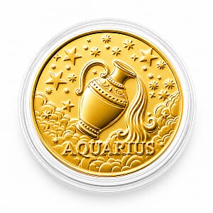 24K Gold Celestial Zodiac Collection - Aquarius Embossed Double View Coin Sheet 10mg (50mm)