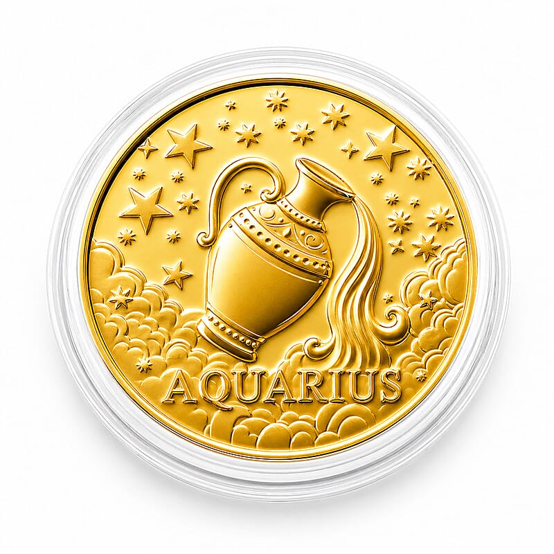 24K Gold Celestial Zodiac Collection - Aquarius Embossed Double View Coin Sheet 10mg (50mm)