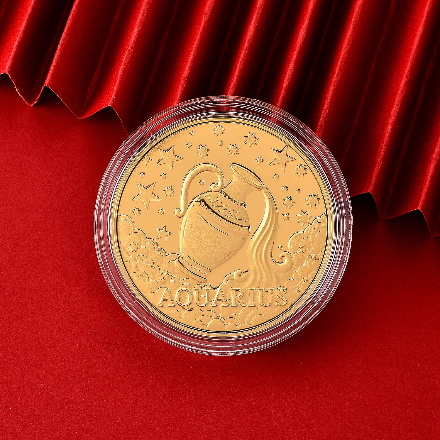 24K Gold Celestial Zodiac Collection - Aquarius Embossed Double View Coin Sheet 10mg (50mm)