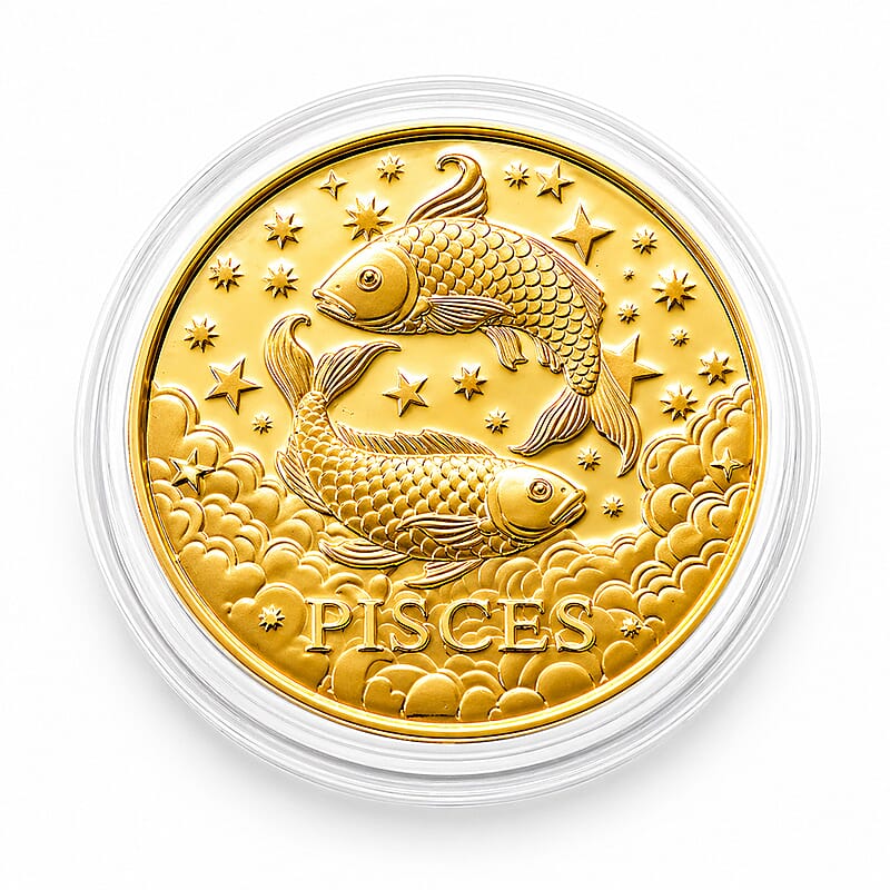24K Gold Celestial Zodiac Collection - Pisces Embossed Double View Coin Sheet 10mg (50mm)