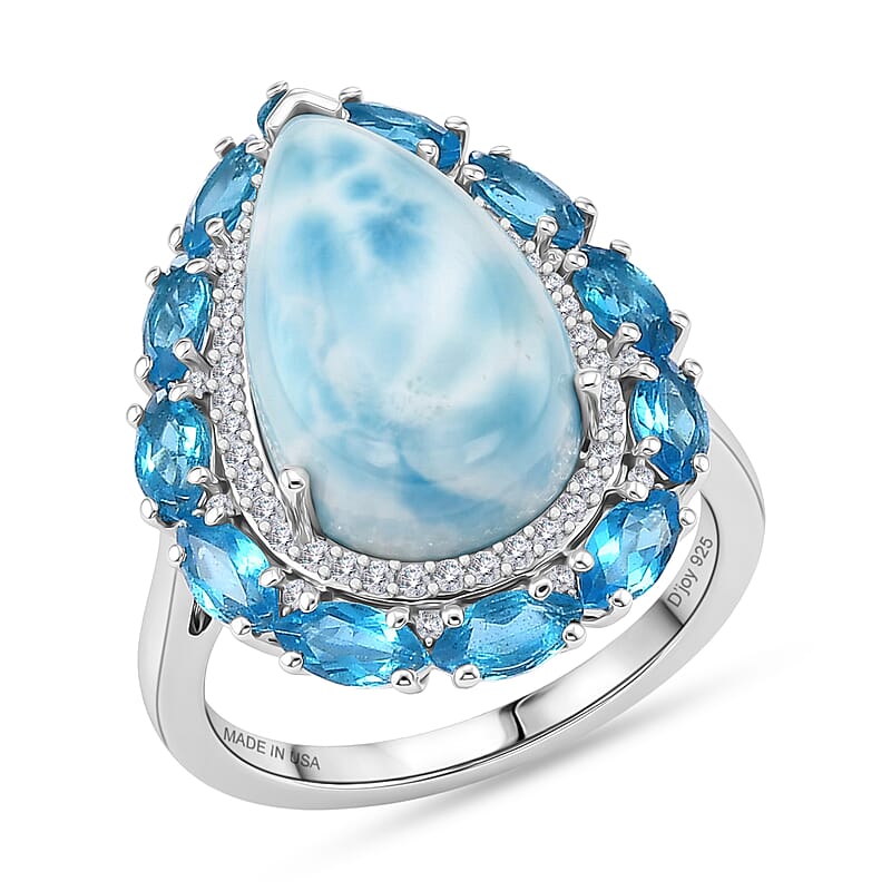 D'Joy AAA Larimar and Multi Gemstone 10.50 ctw Tidal Bloom Ring in Rhodium Over Sterling Silver (Size 10.0)