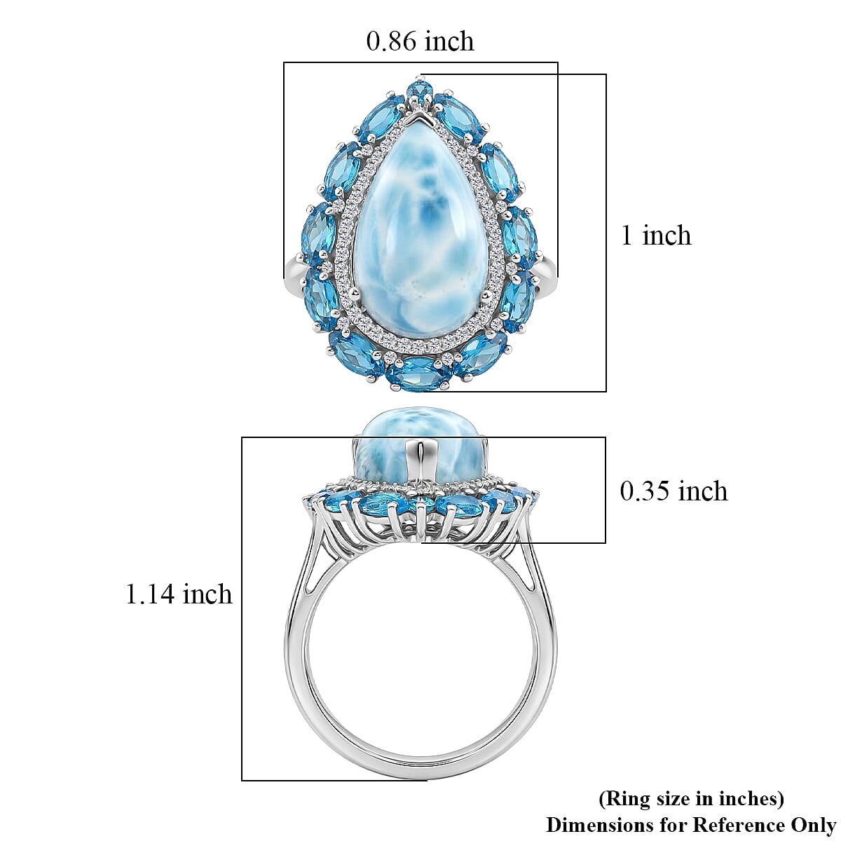 D'Joy AAA Larimar and Multi Gemstone 10.50 ctw Tidal Bloom Ring in Rhodium Over Sterling Silver (Size 11.0)