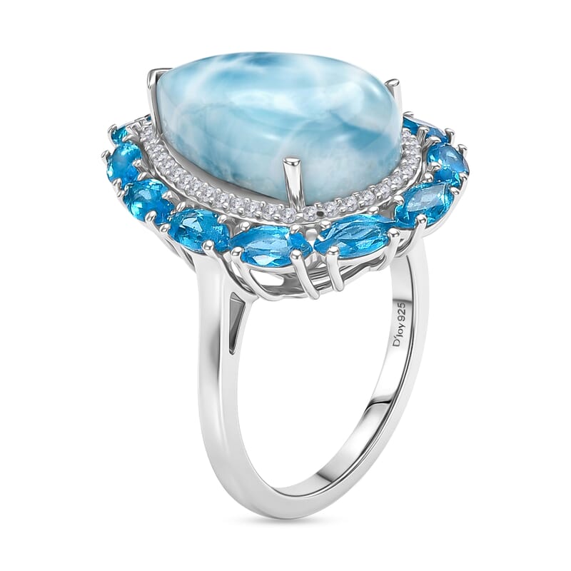 D'Joy AAA Larimar and Multi Gemstone 10.50 ctw Tidal Bloom Ring in Rhodium Over Sterling Silver (Size 6.0)