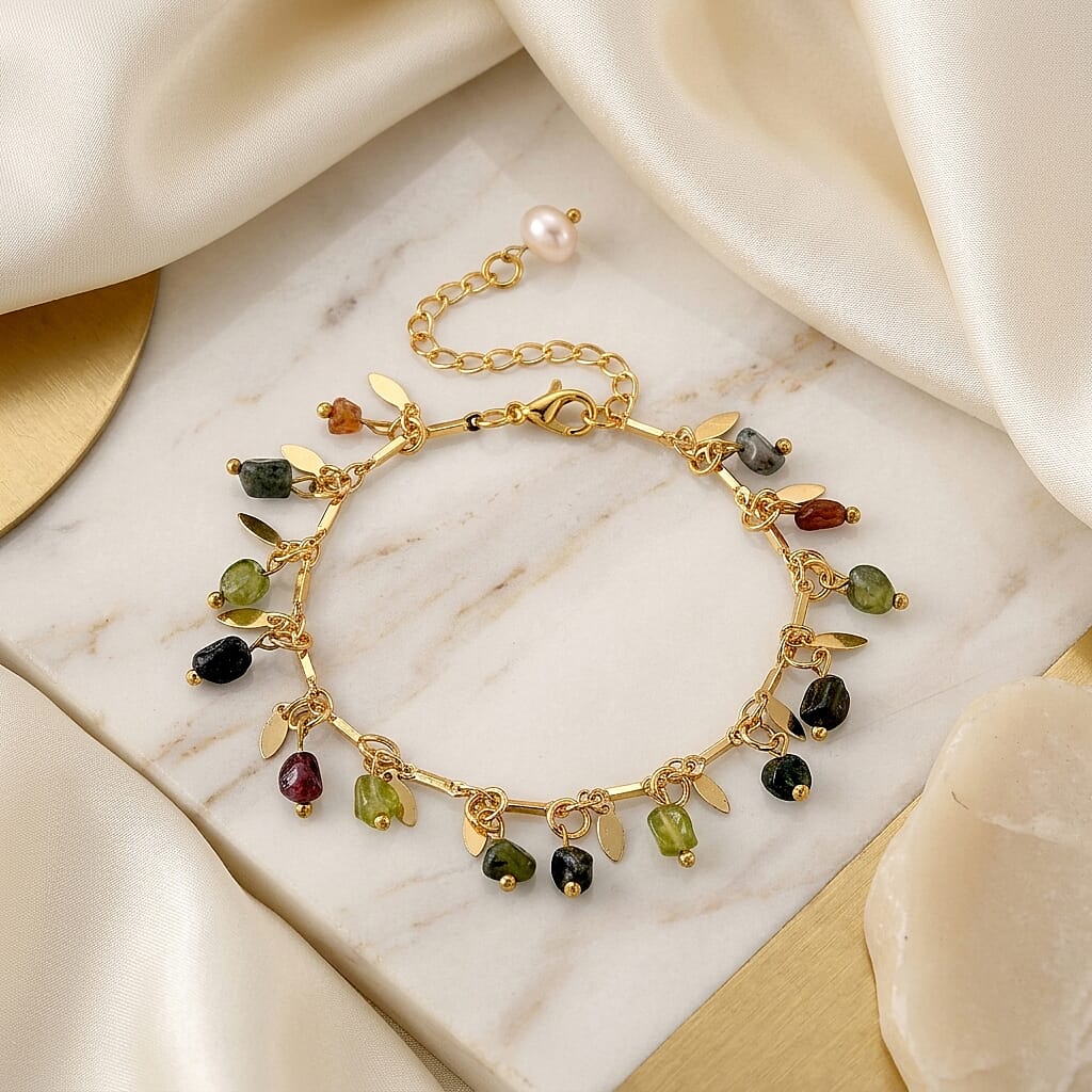 White Freshwater Pearl and Multi Tourmaline 12.00 ctw Beaded Bracelet in Goldtone (6.5-8In)