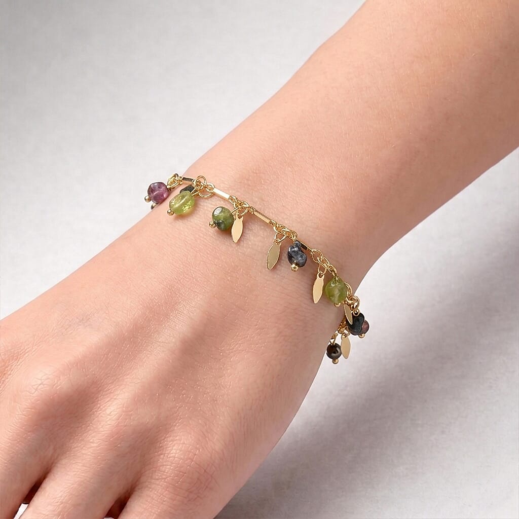 White Freshwater Pearl and Multi Tourmaline 12.00 ctw Beaded Bracelet in Goldtone (6.5-8In)