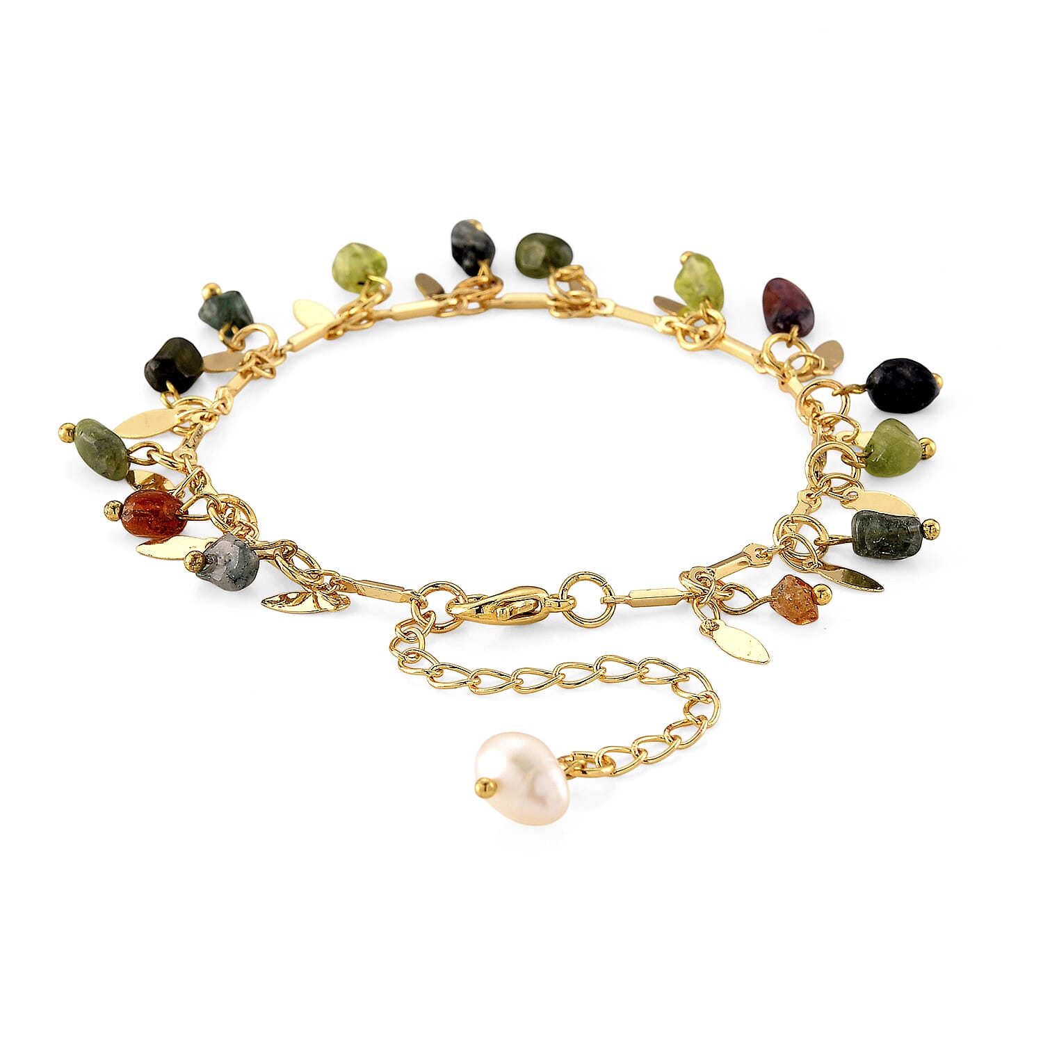 White Freshwater Pearl and Multi Tourmaline 12.00 ctw Beaded Bracelet in Goldtone (6.5-8In)